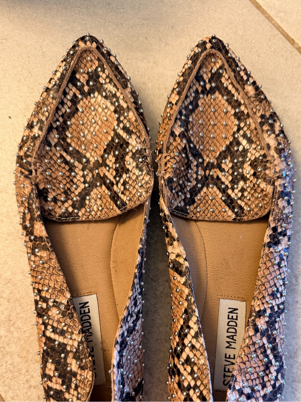 Steve Madden Pointed Snake-Print Flats in Tan and Black